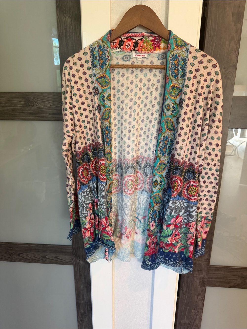 Johnny Was Open-Front Floral Border Cardigan - Cream, Blue & Pink